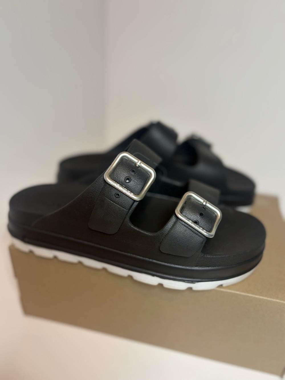 J/Slides Black Double Buckle Platform Slide Sandals Size 10